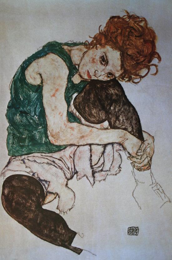 Egon SCHIELE : Edith assise  la jambe replie, (La femme de l'artiste), 1917 : Reproduction en Affiche d'art, poster sur un luxueux papier pais et satin 60 x 90 cm
