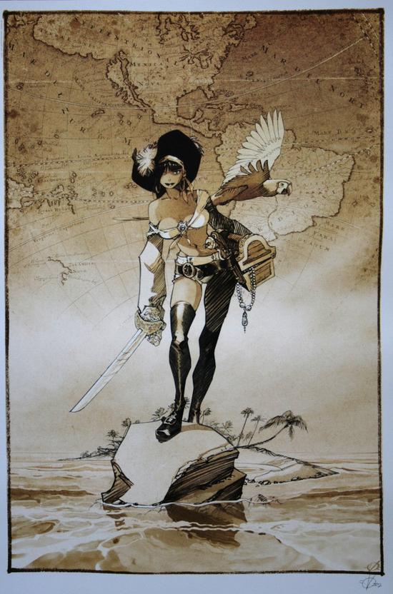 Olivier VATINE : Offset signed by the artist on a beautiful Art paper : Femme Pirate