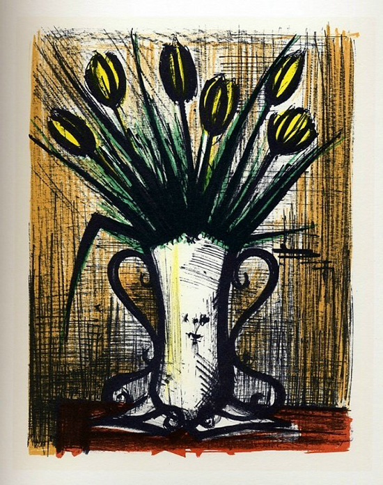 Lithographie Bernard Buffet : Vase de tulipes, 1967
