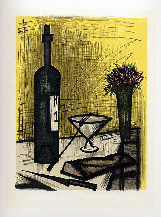 Lithographie Bernard Buffet : Pain et vin, 1967