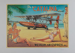 Romain Hugault signed poster, Fly to Catalina Island