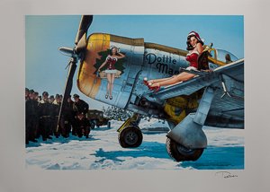 Stampa firmata Romain Hugault, Pin Up avion P47-D Nol