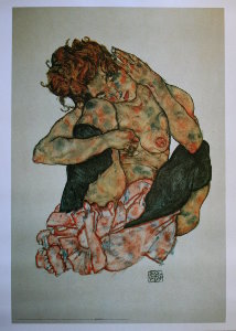 Affiche Schiele, Fille nue accroupie, la joue penchee sur le genou droit, 1917