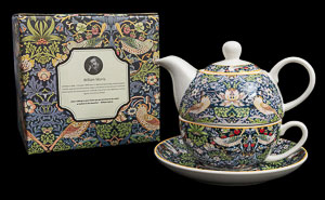 Duo thire et tasse en porcelaine William Morris : Strawberry Thief (bleu)