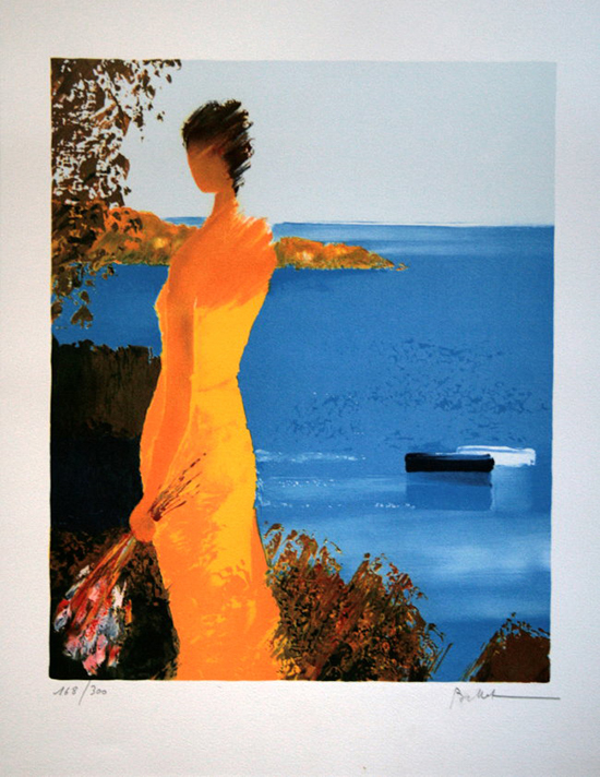 Lithographie originale signe et numrote de Emile Bellet : En robe jaune