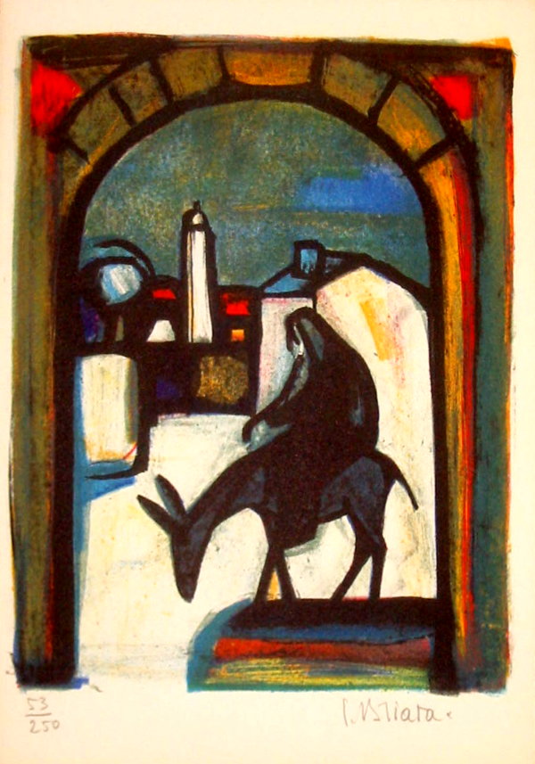 Georges BRIATA : Lithographie originale sign�e et num�rot�e : Femme sur un �ne