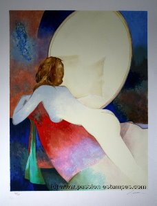 Litografa Claude Gaveau - Desnudo tumbado al espejo