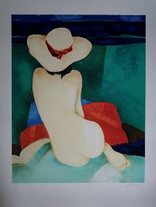 Litografa Claude Gaveau - Desnudo al sombrero