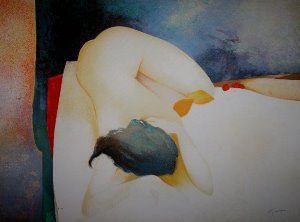 Litografa Claude Gaveau - Desnudo con tres cerezas