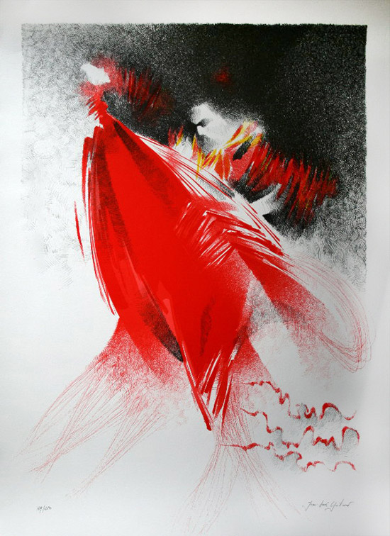 Lithographie originale de Jean-Louis Guitard : Mantille rouge