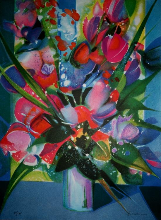 Camille HILAIRE : Original Lithograph : The red and blue Bouquet