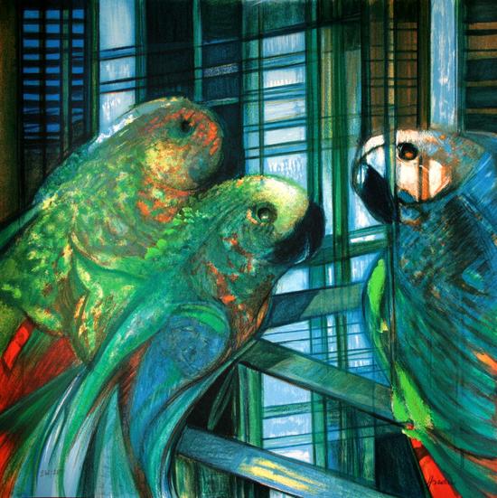 Camille HILAIRE : Original Lithograph : The parakeets