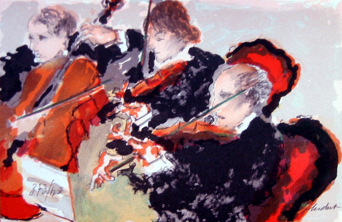 Urbain HUCHET : Lithographie originale sign�e et num�rot�e : Trois musiciens