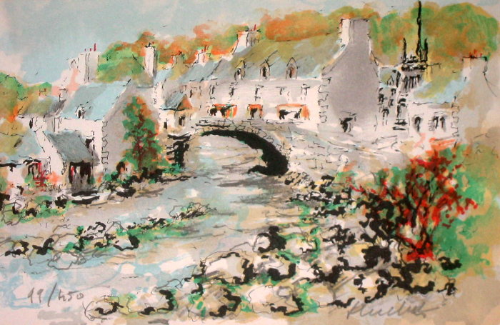 Urbain HUCHET lithographie originale : Le pont de Pont-Aven