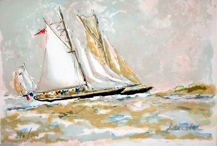 Urbain HUCHET lithographie originale : Racing yachts in Saint Tropez