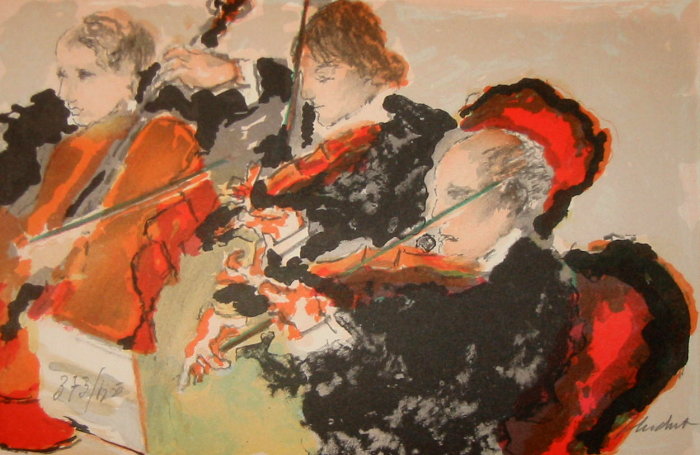 Urbain HUCHET lithographie originale : Les trois musiciens