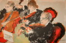 Urbain HUCHET lithographie originale : Les trois musiciens