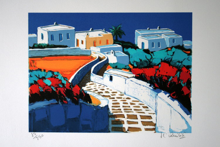 QUILICI : Lithographie originale sign�e et num�rot�e : Mykonos traverse fleurie