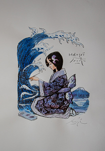 Litografia firmata e acquerellata Smudja, Miss Hokusai