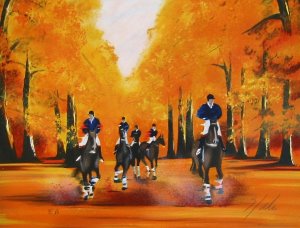 Lithographie Victor Spahn - Cavaliers en automne