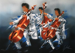 Lithographie Victor Spahn - Trio de violoncelles