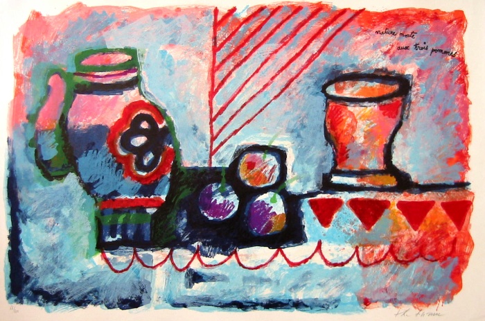 Th�o TOBIASSE : Lithographie originale sign�e et num�rot�e : Nature morte aux trois pommes