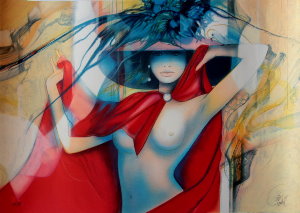 Lithographie Jean-Baptiste Valadi - La cape rouge