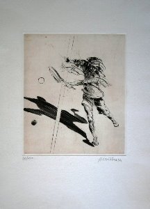 Claude Weisbuch etching - Tennisman