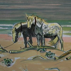 Yves BRAYER - Lithographie originale : La baignade des cavaliers