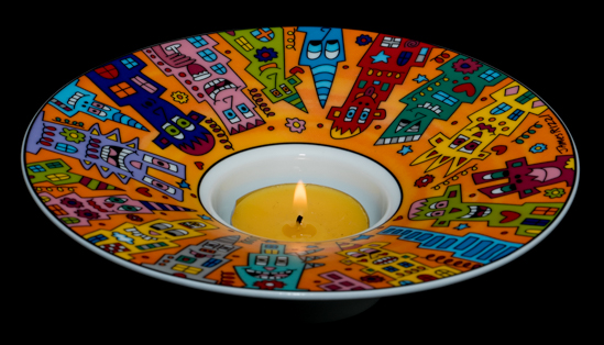 James Rizzi Porcelain Art Light, City Sunset, with candle