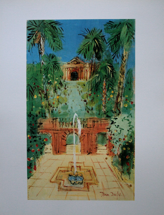 Jean DUFY : Siviglia - fontana e patio, stampa d'arte 36 x 28 cm, riproduzione su bella carta spessa e satinata