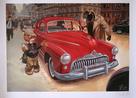 Affiche signée Juanjo Guarnido, Blacksad, voiture rouge