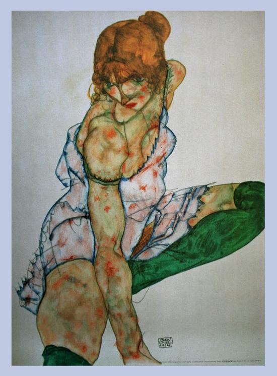 Egon SCHIELE : Joven rubia con medias verdes, 1914 : Reproduccin, lmina sobre un hermoso y lujoso papel espeso 80 x 60 cm