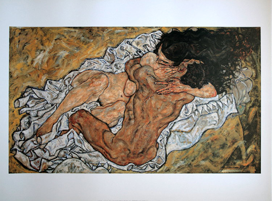 Egon SCHIELE : El abrazo (Los Amantes II), 1917 : Reproduccin, lmina sobre un hermoso y lujoso papel espeso 80 x 60 cm