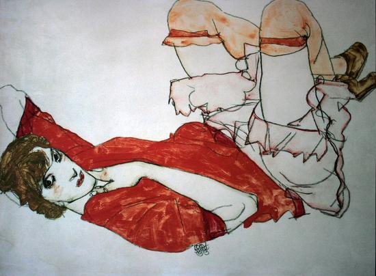 Egon SCHIELE : Wally knees lifted up in a red blouse, 1913 : Reproduction, Fine Art print, poster 80 x 60 cm (31.5