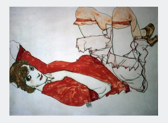 Egon SCHIELE : Wally en chemisier rouge, genoux relevs, 1913 : Reproduction en Affiche d'art, poster 80 x 60 cm