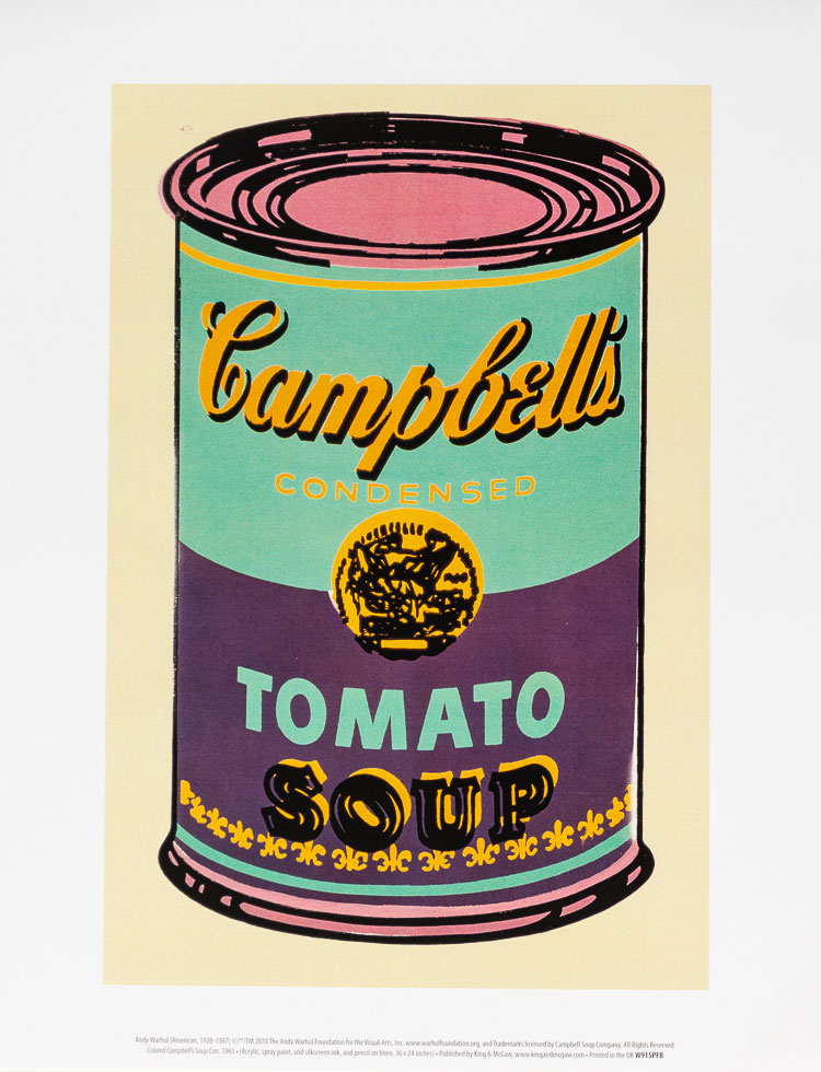 Information geni . Andy Warhol poster : Campbell's Soup Can, 1965 (green & purple)