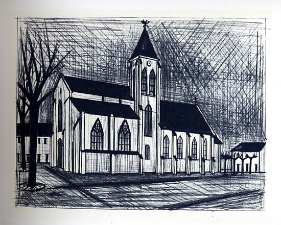 Bernard Buffet lithograph, L'Eglise, 1967