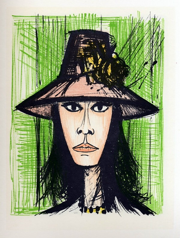Bernard BUFFET : Lithograph reproduction : Femme avec un chapeau rose, 1967