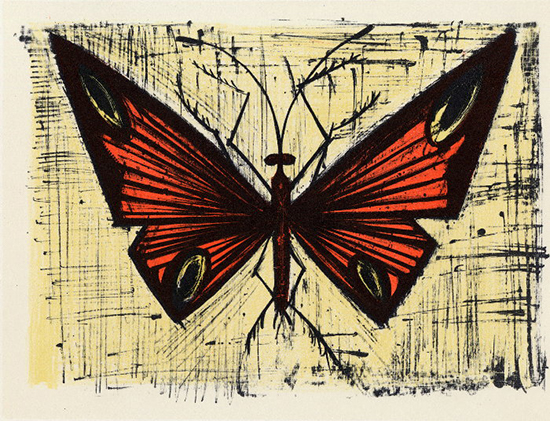 Bernard Buffet lithograph, Le papillon rouge et jaune, 1967