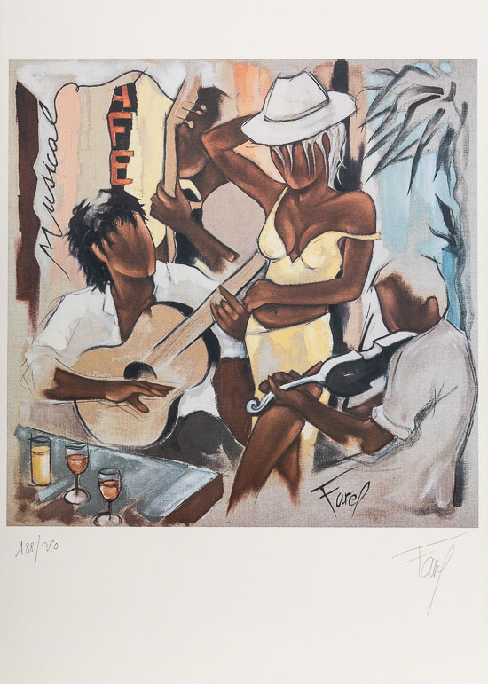 Pierre Farel signed Art print, Musical Café