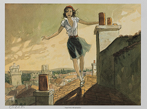 Ex-libris firmato di Jean-Pierre Gibrat, Jeanne : Les toits de Paris