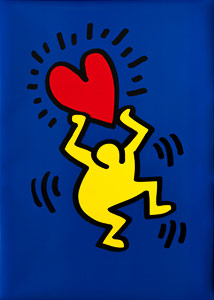 Lámina Haring, Personaje amarillo, corazón rojo, con fondo azul, 1987