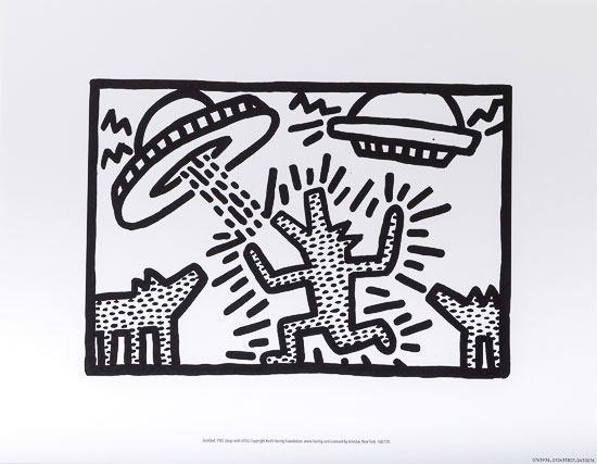 Keith Haring poster print, Dogs with UFOs (1982)