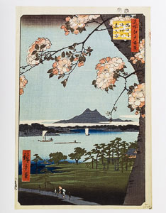 Utagawa Hiroshige art print, Forest of Suijin Shrine and Masaki on the Sumida River (1856)