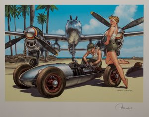 Stampa firmata Romain Hugault, Pin-up, Avion P38 et voiture