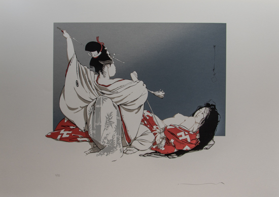Serigrafía firmada de Marc Michetz, Geisha avec aiguille