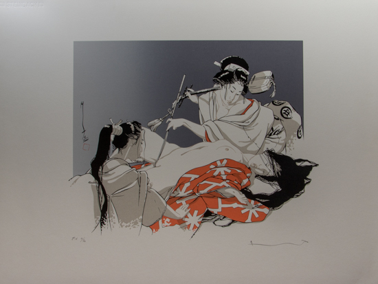 Serigrafía firmada de Marc Michetz, Geisha avec archet