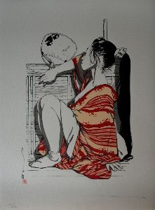 Marc Michetz serigraph, Kogaratsu : Geisha à l'éventail