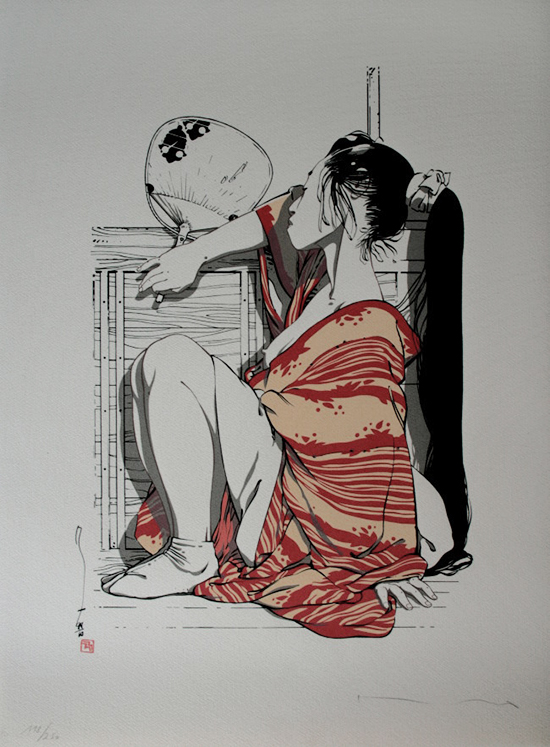 Serigrafía firmada de Marc Michetz, Kogaratsu : Geisha à l'éventail
